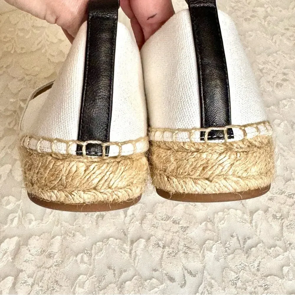 J. CREW White Black Leather Espadrilles Cap Toe Canvas Shoes Flats Resort 10.5